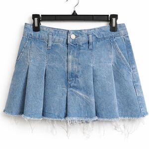 Zara Women's Light Wash Pleated Denim Mini Skirt Frayed Hem Y2K Sz XS.